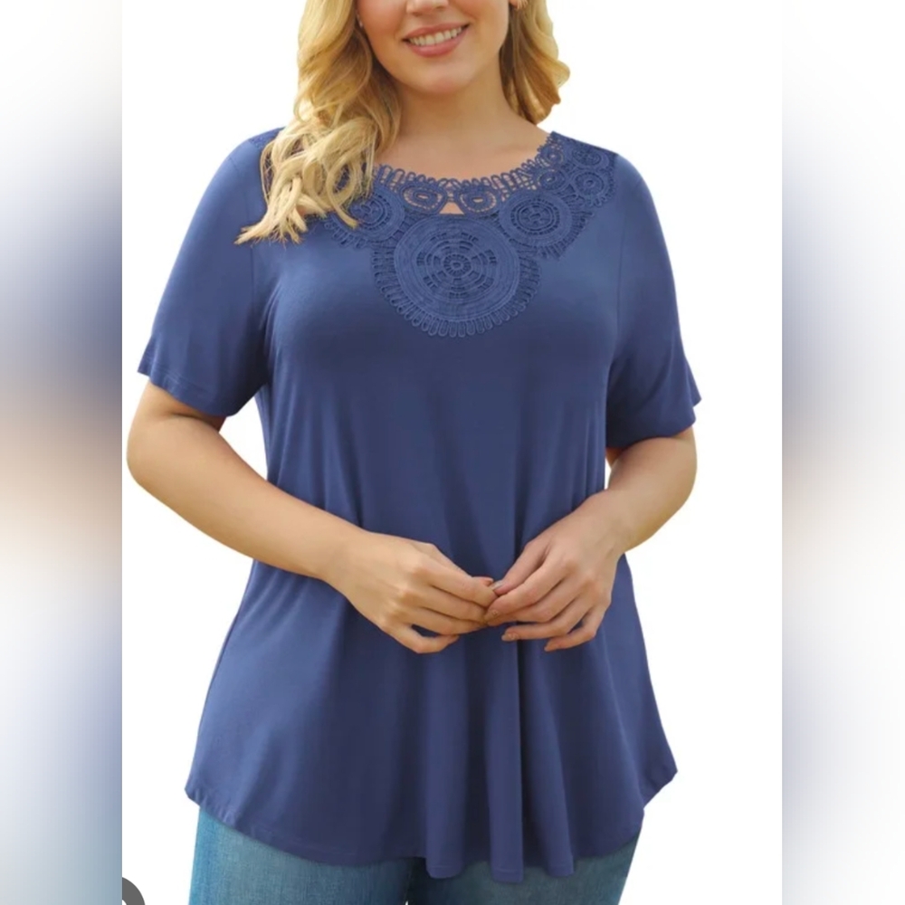New Womens Plus Size Tunic‎ Tops Short Sleeve Lace Pleated Shirts Blouses 1XL